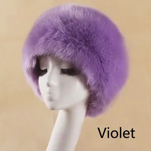 Close-up of violet faux fur cossack hat with dense texture for winter warmth