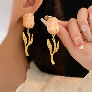 Vintage tulip drop earrings with pink enamel, gold stem, pearls and sparkling crystals