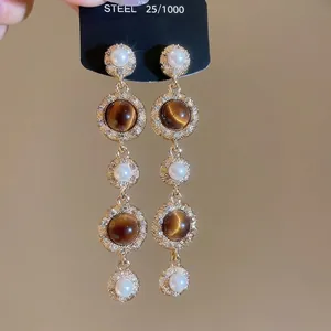 Vintage Palace Style Tassel Earrings With Resin Tiger Eye Stone Faux Artificial Pearl Rhinestone And Silver Earring Post