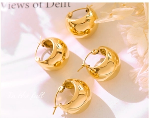 Macro view of 18K gold plated stainless steel teardrop hoop earrings with high polish finish