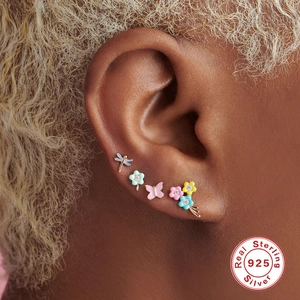 S925 sterling silver colorful flower butterfly and dragonfly stud earring set on ear
