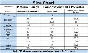 Detailed size chart for faux suede jacket with measurements in centimeters and fabric info