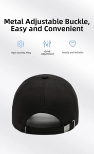 Detail view of the adjustable metal alloy buckle on a black baseball cap for custom fitting