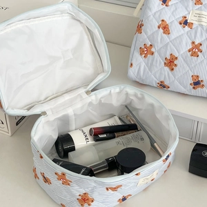 Quilted blue striped bear makeup bag with zipper closure and large capacity storage