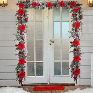 Ghirlanda natalizia per porta con stelle di Natale rosse, decorazioni, pigne ed effetto neve