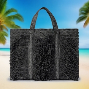 Women Straw Woven Tote Bag With Fringe Tassels Large Capacity Handmade Beach Vacation Handbag Bohemian Style