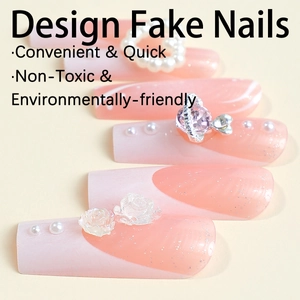 Extra long French press-on nails with pink gradient, 3D roses and planet charms