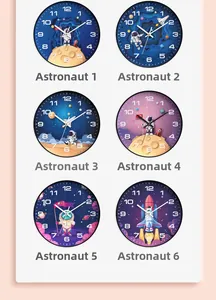 Detailansicht von sechs Kinder-Wanduhren mit Astronauten-Motiven und Weltraumthemen