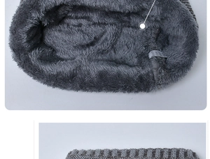 Détail du bonnet d'hiver doublé de peluche grise épaisse avec texture en tricot côtelé