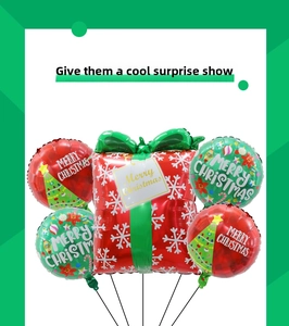 5-piece Christmas balloon set with red gift box shape and snowflake printed round balloons