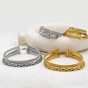 Detail showing the mixed gold and silver H-link chain necklace and matching bracelet set