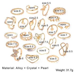 Bohemian gold 22-piece butterfly pearl ring set for women with crystal charms