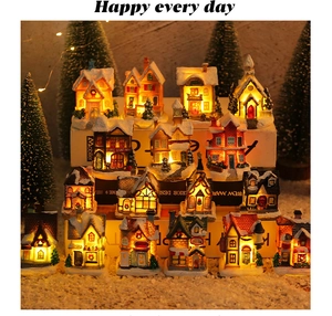 Macro detail of miniature LED Christmas village houses with warm lights and snow texture