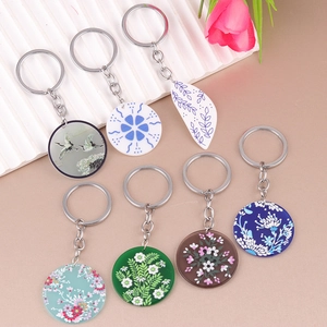 Acrylic Flower Keychain Vintage Bohemian Porcelain Style Floral Bird Pattern Charm For Handbag Backpack Women Gift