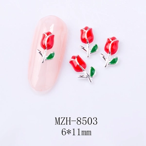 Detail of red rose nail art charms with green leaves and 6x11mm size specifications