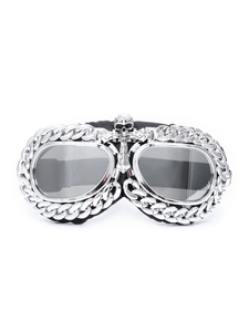 Detail of silver chain and cross skull hardware on punk motocross goggles