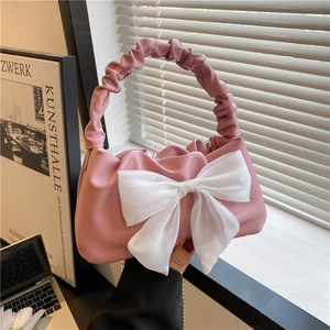 Women Bow Knot Ruched Shoulder Bag Sweet Cloud Underarm Bag Fashion PU Leather Small Square Bag With Chain Strap For Dating