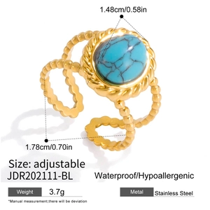 Detailed view of adjustable golden stainless steel ring with turquoise inlay and dimensions