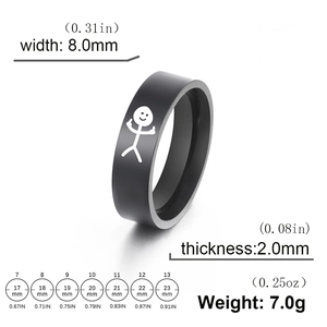 Guía de tallas para anillo negro de acero de 8mm con grabado láser y dimensiones