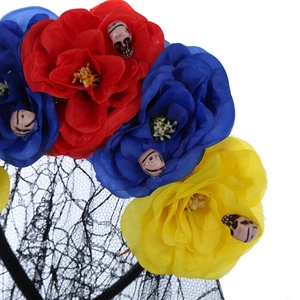 Halloween floral headband with colorful peony flowers, skulls, and black lace veil