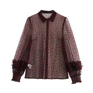 Sheer black shirt with red flocking hearts featuring ruffle trim and lantern sleeves
