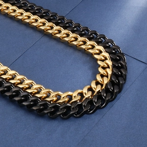 Polished stainless steel Cuban chain necklaces in gold and black with lobster clasps