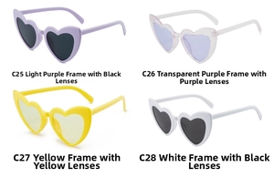 Detailed grid of heart-shaped sunglasses in four trendy colors for stylish women
