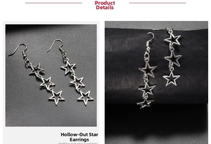 Detail showing triple hollow star drop earrings in silver finish with sleek geometric design