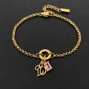 Stainless steel 14K gold plated bracelet with pink zircon and letter B pendant