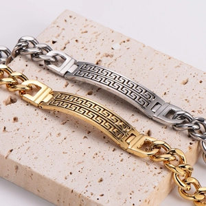 Chic stainless steel Cuban link bracelet with Greek Key pattern in gold and silver