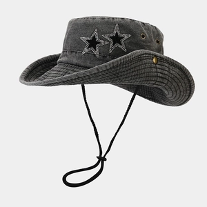 Grey denim sun hat with rhinestone stars and adjustable chin strap for outdoor camping