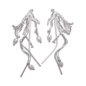 Artistic silver earrings with irregular vine design and white teardrop pearls