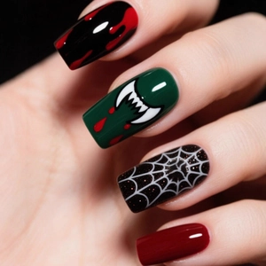 Halloween Press On Nails Medium Long Square ABS Plastic Glossy Spider Web Vampire Teeth Blood Drip Horror Style Women