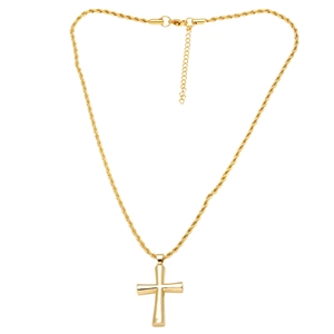 Polished 18k gold plated cross pendant necklace with stylish rope chain for men