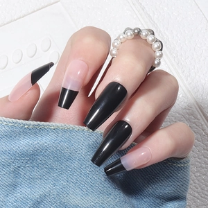 Long Coffin Press On Nails French Black Glossy False Nails Elegant Simple Ballerina Style Fashion DIY Manicure