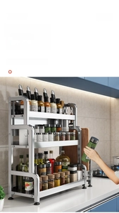 Three-tier stainless steel kitchen organizer featuring knife slots and condiment storage