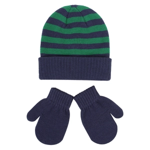 Detail of children striped knit beanie and matching navy mittens for winter warmth