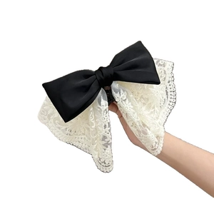 Elegant black satin and white lace bow hair claw clip for women's ponytail styles