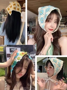Detail view of handmade crochet floral headscarf showing back, front, and side wearing styles