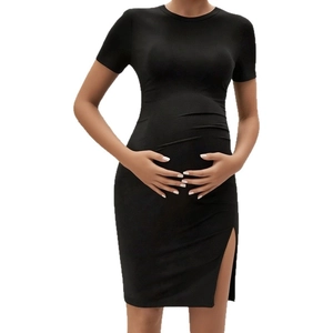Slim fit black maternity maxi dress with short sleeves and side slit detail