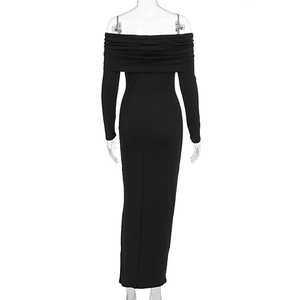 Rear view of a slim fit black off-shoulder maxi dress with elegant long sleeves