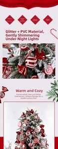 Detailed view of red and white glitter Christmas ornaments including candy canes and bells