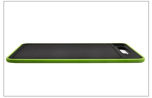 Side view of multifunctional aluminum fast thawing cutting board with green non-slip edge