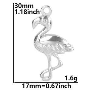 Detailed size view of silver flamingo charm showing dimensions 30mm height and 17mm width
