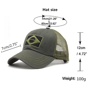 Olive green Brazil mesh baseball cap with size specs and breathable camouflage design
