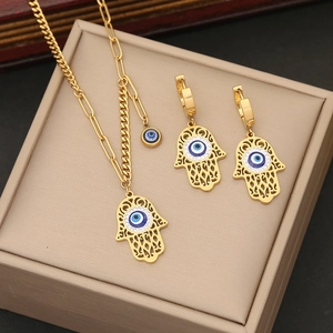 Evil Eye Hamsa Hand Necklace Bracelet Earrings Stainless Steel Gold Plated Fatima Hand Jewelry With Cubic Zirconia