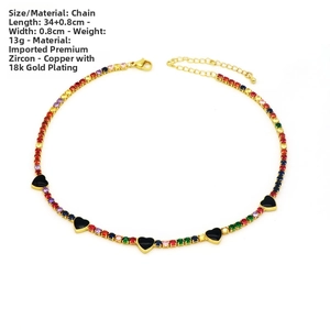 Detailed size specifications for a multi-colored zircon necklace with black enamel hearts