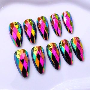 3D embossed holographic almond press-on nails with iridescent laser finish and stiletto shape