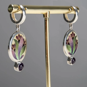 Luxury vintage silver flower earrings with purple stone drop and colorful enamel detail