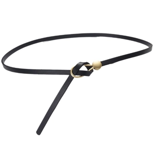 Elegant thin black leather belt with golden round metal buckle for stylish women dresses
